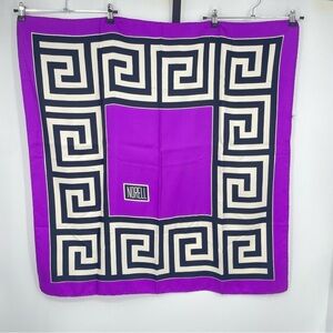 Norman Norell Wide Greek Key Silk Scarf purple black white geometric  34x33.5”